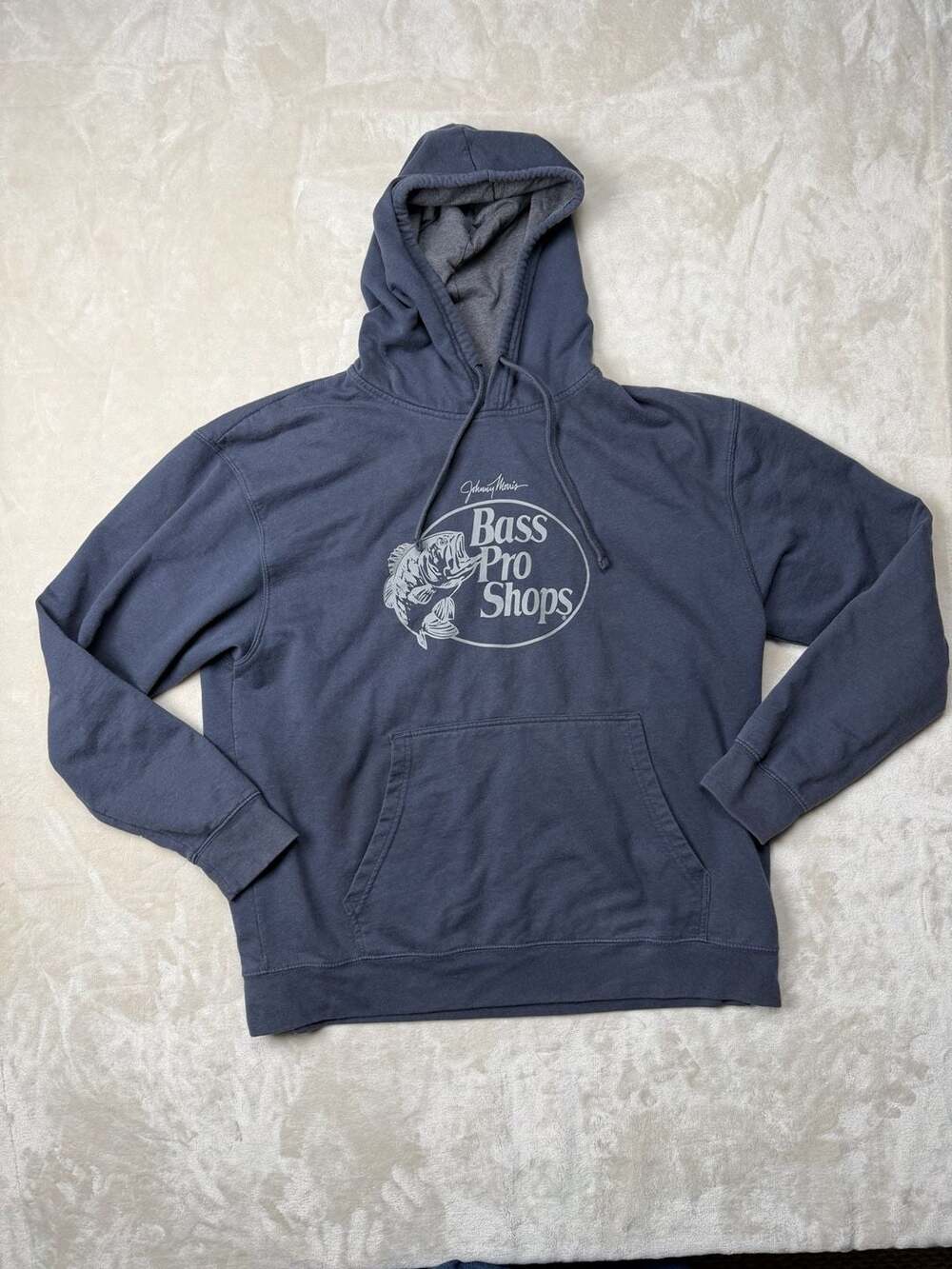 Bass Pro Shops Johnny Morris Hoodie Size L Dark Blue Pullover Sweatshirt